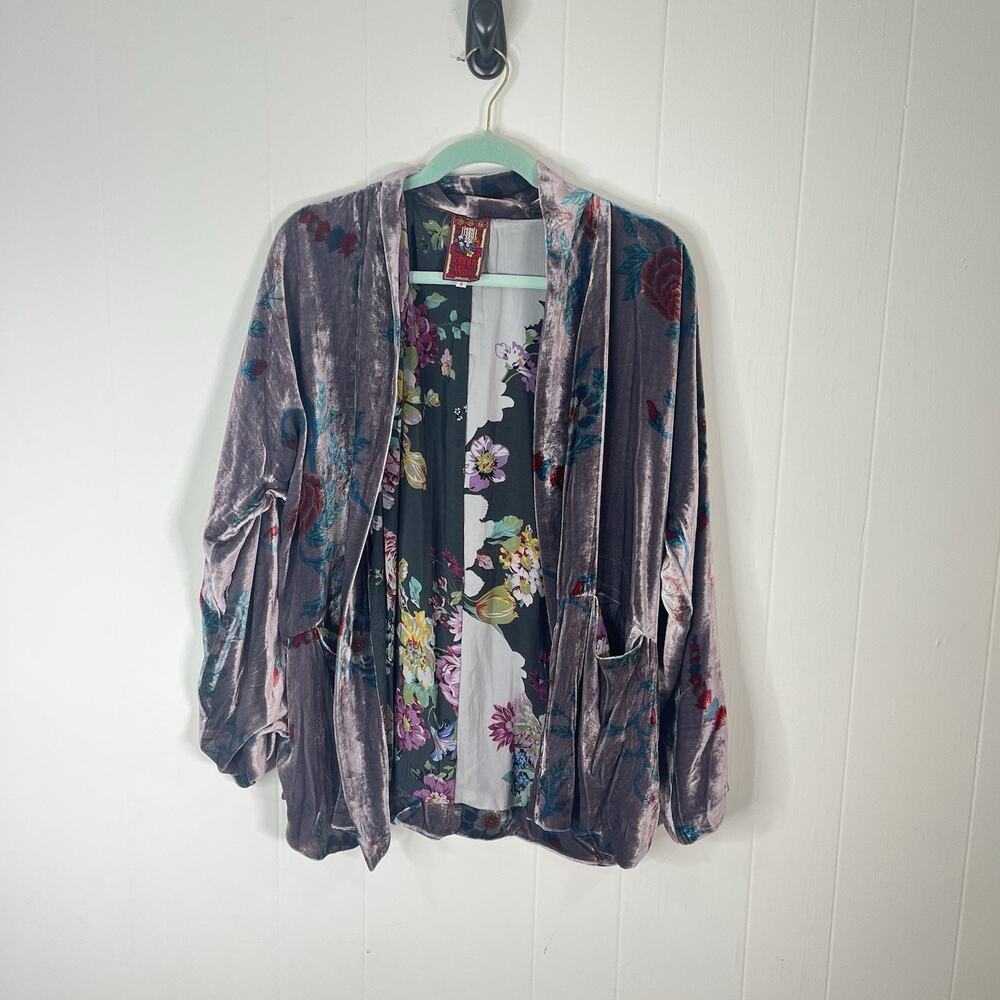 Johnny Was Floral Velvet Kimono Cardigan Small Mauve Silk Blend Open Front Boho